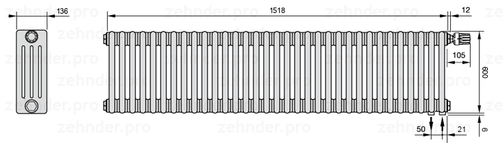 Схема (чертеж) Радиатор Zehnder Charleston 4060/33 №V002 Белый глянцевый RAL 9016